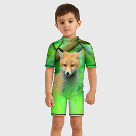 Детский купальный костюм 3D с принтом Лисенок в зеленом лесу в Петрозаводске, Полиэстер 85%, Спандекс 15% | застежка на молнии на спине | fox | foxy | животное | звери | лиса | лисенок | лисичка | милая | рыжая | фокс