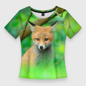 Женская футболка 3D Slim с принтом Лисенок в зеленом лесу в Петрозаводске,  |  | fox | foxy | животное | звери | лиса | лисенок | лисичка | милая | рыжая | фокс