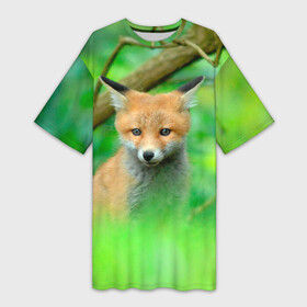 Платье-футболка 3D с принтом Лисенок в зеленом лесу в Петрозаводске,  |  | fox | foxy | животное | звери | лиса | лисенок | лисичка | милая | рыжая | фокс