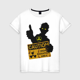 Женская футболка хлопок с принтом зомби с табличкой в Петрозаводске, 100% хлопок | прямой крой, круглый вырез горловины, длина до линии бедер, слегка спущенное плечо | зомби | лайк зомби | предупреждение | радиация | экология