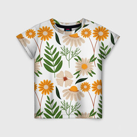 Детская футболка 3D с принтом Цветы и листья в Петрозаводске, 100% гипоаллергенный полиэфир | прямой крой, круглый вырез горловины, длина до линии бедер, чуть спущенное плечо, ткань немного тянется | листья | полевые цветы | ромашки | текстуры | узор | цветы | цветы и листья