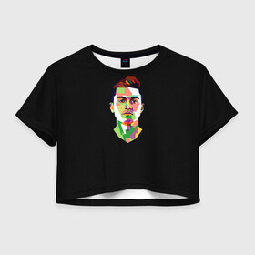 Женская футболка Crop-top 3D с принтом Paulo Dybala Pop Art в Петрозаводске, 100% полиэстер | круглая горловина, длина футболки до линии талии, рукава с отворотами | art | champion | dybala | football | form | institute | juventus | palermo | paulo | player | pop | soccer | uniform | дибала | институто | легенда | палермо | пауло | форма | футбол | футбола | футболист | чемпион | ювентус