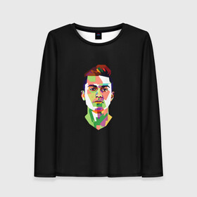 Женский лонгслив 3D с принтом Paulo Dybala Pop Art в Петрозаводске, 100% полиэстер | длинные рукава, круглый вырез горловины, полуприлегающий силуэт | art | champion | dybala | football | form | institute | juventus | palermo | paulo | player | pop | soccer | uniform | дибала | институто | легенда | палермо | пауло | форма | футбол | футбола | футболист | чемпион | ювентус