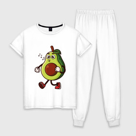 Женская пижама хлопок с принтом Авокадо поет в Петрозаводске, 100% хлопок | брюки и футболка прямого кроя, без карманов, на брюках мягкая резинка на поясе и по низу штанин | avocado | cute | fruit | авокадо | милый | музыка | фрукт