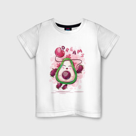 Детская футболка хлопок с принтом Авокадо dreams в Петрозаводске, 100% хлопок | круглый вырез горловины, полуприлегающий силуэт, длина до линии бедер | Тематика изображения на принте: avocado | cute | dream | fruit | heart | авокадо | милый | музыка | сердечко | сердце | фрукт