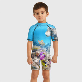 Детский купальный костюм 3D с принтом Морской мир в Петрозаводске, Полиэстер 85%, Спандекс 15% | застежка на молнии на спине | вода | море | морская вода | морские животные | морские жители | морской мир | океан | рыбки | рыбы