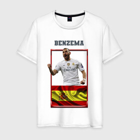 Мужская футболка хлопок с принтом Карим Бензема (Реал Мадрид) в Петрозаводске, 100% хлопок | прямой крой, круглый вырез горловины, длина до линии бедер, слегка спущенное плечо. | karim benzema | карим бензема | реал мадрид | флаг испании | футболист | футбольная форма