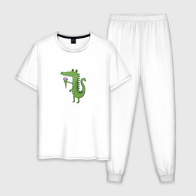 Мужская пижама хлопок с принтом Крокодильчик с мороженным в Петрозаводске, 100% хлопок | брюки и футболка прямого кроя, без карманов, на брюках мягкая резинка на поясе и по низу штанин
 | детский | крокодил | крокодильчик | лето | мультфильм | персонаж