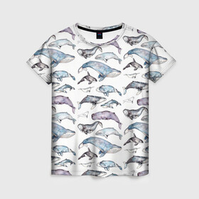 Женская футболка 3D с принтом киты паттерн в Петрозаводске, 100% полиэфир ( синтетическое хлопкоподобное полотно) | прямой крой, круглый вырез горловины, длина до линии бедер | ocean | sea | sea animal | акварель | графика | касатка | киты | море | океан | рисунок кита