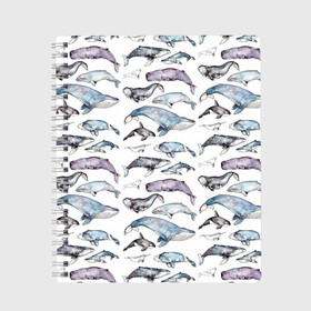 Тетрадь с принтом киты паттерн в Петрозаводске, 100% бумага | 48 листов, плотность листов — 60 г/м2, плотность картонной обложки — 250 г/м2. Листы скреплены сбоку удобной пружинной спиралью. Уголки страниц и обложки скругленные. Цвет линий — светло-серый
 | Тематика изображения на принте: ocean | sea | sea animal | акварель | графика | касатка | киты | море | океан | рисунок кита