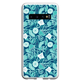 Чехол для Samsung Galaxy S10 с принтом Скаты и медузы в Петрозаводске, Силикон | Область печати: задняя сторона чехла, без боковых панелей | Тематика изображения на принте: водоросли | медузы | море | паттерны | ракушки | рыбы | электрический скат