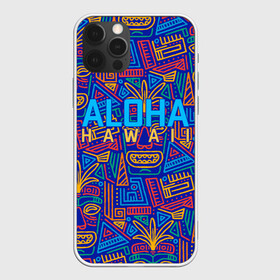 Чехол для iPhone 12 Pro Max с принтом ALOHA HAWAII | АЛОХА ГАВАЙИ в Петрозаводске, Силикон |  | aloha | aloha hawaii | hawaii | гаваи | гавайи | гавайские маски | индийские маски | маска тики | маски | маски тики | надпись | пальмы | синий | тики