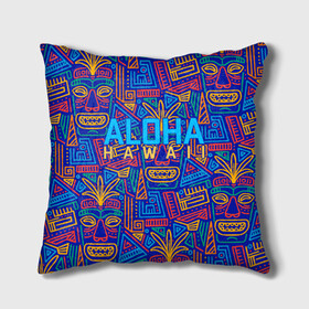 Подушка 3D с принтом ALOHA HAWAII | АЛОХА ГАВАЙИ в Петрозаводске, наволочка – 100% полиэстер, наполнитель – холлофайбер (легкий наполнитель, не вызывает аллергию). | состоит из подушки и наволочки. Наволочка на молнии, легко снимается для стирки | aloha | aloha hawaii | hawaii | гаваи | гавайи | гавайские маски | индийские маски | маска тики | маски | маски тики | надпись | пальмы | синий | тики