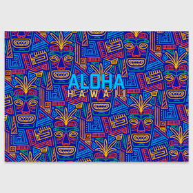 Поздравительная открытка с принтом ALOHA HAWAII | АЛОХА ГАВАЙИ в Петрозаводске, 100% бумага | плотность бумаги 280 г/м2, матовая, на обратной стороне линовка и место для марки
 | aloha | aloha hawaii | hawaii | гаваи | гавайи | гавайские маски | индийские маски | маска тики | маски | маски тики | надпись | пальмы | синий | тики
