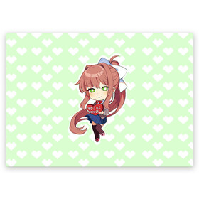 Поздравительная открытка с принтом Chibi Monika в Петрозаводске, 100% бумага | плотность бумаги 280 г/м2, матовая, на обратной стороне линовка и место для марки
 | Тематика изображения на принте: ddlc | doki doki literature club | monika | моника