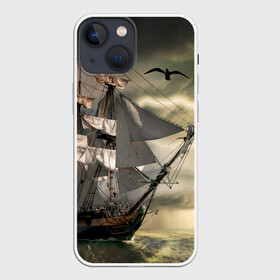 Чехол для iPhone 13 mini с принтом Парусник в Петрозаводске,  |  | гроза | живопись | корабль | море | парусник | старинный | чайки