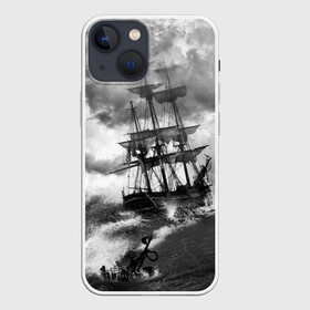 Чехол для iPhone 13 mini с принтом Парусник в Петрозаводске,  |  | живопись | корабль | море | парусник | старинный | шторм