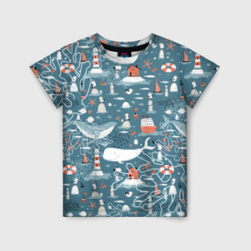 Детская футболка 3D с принтом Море и его жители в Петрозаводске, 100% гипоаллергенный полиэфир | прямой крой, круглый вырез горловины, длина до линии бедер, чуть спущенное плечо, ткань немного тянется | Тематика изображения на принте: киты | кораллы | маяк | море | морская тема | морские символы | паттерн | чайка