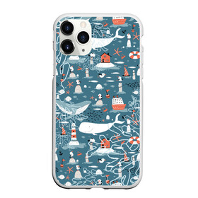 Чехол для iPhone 11 Pro матовый с принтом Море и его жители в Петрозаводске, Силикон |  | киты | кораллы | маяк | море | морская тема | морские символы | паттерн | чайка