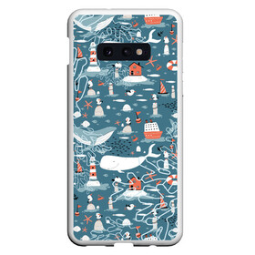 Чехол для Samsung S10E с принтом Море и его жители в Петрозаводске, Силикон | Область печати: задняя сторона чехла, без боковых панелей | киты | кораллы | маяк | море | морская тема | морские символы | паттерн | чайка