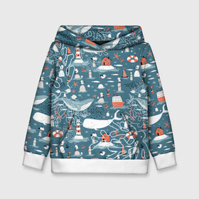 Детская толстовка 3D с принтом Море и его жители в Петрозаводске, 100% полиэстер | двухслойный капюшон со шнурком для регулировки, мягкие манжеты на рукавах и по низу толстовки, спереди карман-кенгуру с мягким внутренним слоем | киты | кораллы | маяк | море | морская тема | морские символы | паттерн | чайка