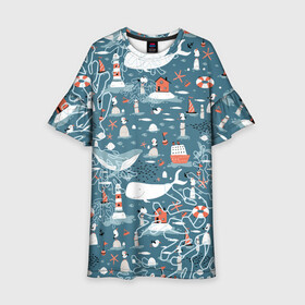 Детское платье 3D с принтом Море и его жители в Петрозаводске, 100% полиэстер | прямой силуэт, чуть расширенный к низу. Круглая горловина, на рукавах — воланы | киты | кораллы | маяк | море | морская тема | морские символы | паттерн | чайка