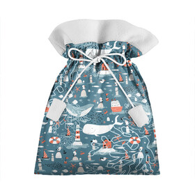 Подарочный 3D мешок с принтом Море и его жители в Петрозаводске, 100% полиэстер | Размер: 29*39 см | киты | кораллы | маяк | море | морская тема | морские символы | паттерн | чайка