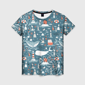 Женская футболка 3D с принтом Море и его жители в Петрозаводске, 100% полиэфир ( синтетическое хлопкоподобное полотно) | прямой крой, круглый вырез горловины, длина до линии бедер | киты | кораллы | маяк | море | морская тема | морские символы | паттерн | чайка
