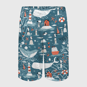 Детские спортивные шорты 3D с принтом Море и его жители в Петрозаводске,  100% полиэстер
 | пояс оформлен широкой мягкой резинкой, ткань тянется
 | киты | кораллы | маяк | море | морская тема | морские символы | паттерн | чайка