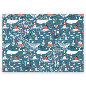 Поздравительная открытка с принтом Море и его жители в Петрозаводске, 100% бумага | плотность бумаги 280 г/м2, матовая, на обратной стороне линовка и место для марки
 | киты | кораллы | маяк | море | морская тема | морские символы | паттерн | чайка
