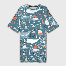 Платье-футболка 3D с принтом Море и его жители в Петрозаводске,  |  | киты | кораллы | маяк | море | морская тема | морские символы | паттерн | чайка
