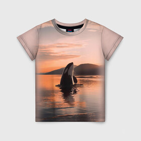 Детская футболка 3D с принтом касатки на закате в Петрозаводске, 100% гипоаллергенный полиэфир | прямой крой, круглый вырез горловины, длина до линии бедер, чуть спущенное плечо, ткань немного тянется | ocean | orca | sea | sea animal | дельфин | закат | касатка | кит | море | океан | рисунок кита