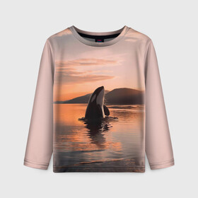 Детский лонгслив 3D с принтом касатки на закате в Петрозаводске, 100% полиэстер | длинные рукава, круглый вырез горловины, полуприлегающий силуэт
 | ocean | orca | sea | sea animal | дельфин | закат | касатка | кит | море | океан | рисунок кита