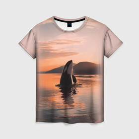Женская футболка 3D с принтом касатки на закате в Петрозаводске, 100% полиэфир ( синтетическое хлопкоподобное полотно) | прямой крой, круглый вырез горловины, длина до линии бедер | ocean | orca | sea | sea animal | дельфин | закат | касатка | кит | море | океан | рисунок кита