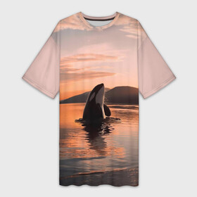 Платье-футболка 3D с принтом касатки на закате в Петрозаводске,  |  | ocean | orca | sea | sea animal | дельфин | закат | касатка | кит | море | океан | рисунок кита