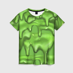 Женская футболка 3D с принтом Green Slime в Петрозаводске, 100% полиэфир ( синтетическое хлопкоподобное полотно) | прямой крой, круглый вырез горловины, длина до линии бедер | drips | green | slime | желе | зелёный | слайм