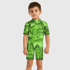 Детский купальный костюм 3D с принтом Green Slime в Петрозаводске, Полиэстер 85%, Спандекс 15% | застежка на молнии на спине | Тематика изображения на принте: drips | green | slime | желе | зелёный | слайм