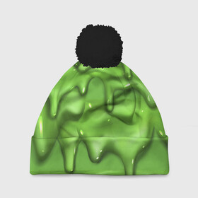 Шапка 3D c помпоном с принтом Green Slime в Петрозаводске, 100% полиэстер | универсальный размер, печать по всей поверхности изделия | Тематика изображения на принте: drips | green | slime | желе | зелёный | слайм