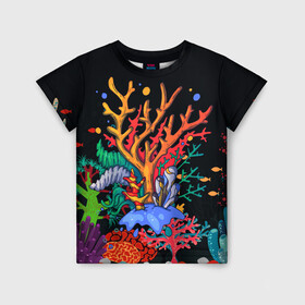 Детская футболка 3D с принтом Морской пейзаж в Петрозаводске, 100% гипоаллергенный полиэфир | прямой крой, круглый вырез горловины, длина до линии бедер, чуть спущенное плечо, ткань немного тянется | кораллы | море | морская тема | морские символы | морской пейзаж | ракушка | рыбы