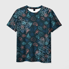 Мужская футболка 3D с принтом Ракушки в Петрозаводске, 100% полиэфир | прямой крой, круглый вырез горловины, длина до линии бедер | кораллы | море | морская тема | морские раковины | морские символы | ракушка