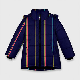 Зимняя куртка для девочек 3D с принтом Синие и розовые полосы в Петрозаводске, ткань верха — 100% полиэстер; подклад — 100% полиэстер, утеплитель — 100% полиэстер. | длина ниже бедра, удлиненная спинка, воротник стойка и отстегивающийся капюшон. Есть боковые карманы с листочкой на кнопках, утяжки по низу изделия и внутренний карман на молнии. 

Предусмотрены светоотражающий принт на спинке, радужный светоотражающий элемент на пуллере молнии и на резинке для утяжки. | blue | pink | stripes | полосатый | полосы | розовые | синие