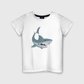 Детская футболка хлопок с принтом Агрессивная акула в Петрозаводске, 100% хлопок | круглый вырез горловины, полуприлегающий силуэт, длина до линии бедер | Тематика изображения на принте: shark | агрессивная | акула | акулы | клыки | море | океан | рыба