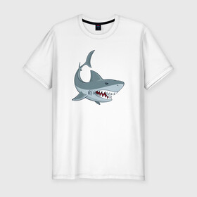 Мужская футболка хлопок Slim с принтом Агрессивная акула в Петрозаводске, 92% хлопок, 8% лайкра | приталенный силуэт, круглый вырез ворота, длина до линии бедра, короткий рукав | Тематика изображения на принте: shark | агрессивная | акула | акулы | клыки | море | океан | рыба