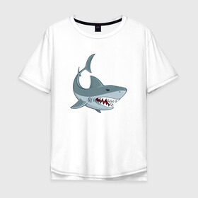 Мужская футболка хлопок Oversize с принтом Агрессивная акула в Петрозаводске, 100% хлопок | свободный крой, круглый ворот, “спинка” длиннее передней части | Тематика изображения на принте: shark | агрессивная | акула | акулы | клыки | море | океан | рыба