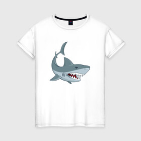 Женская футболка хлопок с принтом Агрессивная акула в Петрозаводске, 100% хлопок | прямой крой, круглый вырез горловины, длина до линии бедер, слегка спущенное плечо | shark | агрессивная | акула | акулы | клыки | море | океан | рыба