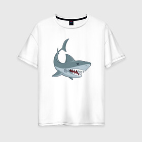 Женская футболка хлопок Oversize с принтом Агрессивная акула в Петрозаводске, 100% хлопок | свободный крой, круглый ворот, спущенный рукав, длина до линии бедер
 | Тематика изображения на принте: shark | агрессивная | акула | акулы | клыки | море | океан | рыба