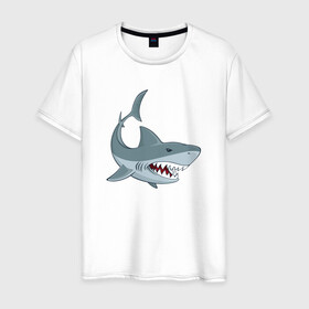 Мужская футболка хлопок с принтом Агрессивная акула в Петрозаводске, 100% хлопок | прямой крой, круглый вырез горловины, длина до линии бедер, слегка спущенное плечо. | Тематика изображения на принте: shark | агрессивная | акула | акулы | клыки | море | океан | рыба