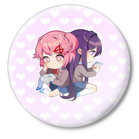 Значок с принтом Chibi Natsuki and Yuri в Петрозаводске,  металл | круглая форма, металлическая застежка в виде булавки | Тематика изображения на принте: ddlc | doki doki literature club | natsuki | yuri | натсуки | нацуки | юри