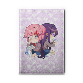 Обложка для автодокументов с принтом Chibi Natsuki and Yuri в Петрозаводске, натуральная кожа |  размер 19,9*13 см; внутри 4 больших “конверта” для документов и один маленький отдел — туда идеально встанут права | ddlc | doki doki literature club | natsuki | yuri | натсуки | нацуки | юри