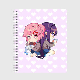 Тетрадь с принтом Chibi Natsuki and Yuri в Петрозаводске, 100% бумага | 48 листов, плотность листов — 60 г/м2, плотность картонной обложки — 250 г/м2. Листы скреплены сбоку удобной пружинной спиралью. Уголки страниц и обложки скругленные. Цвет линий — светло-серый
 | Тематика изображения на принте: ddlc | doki doki literature club | natsuki | yuri | натсуки | нацуки | юри